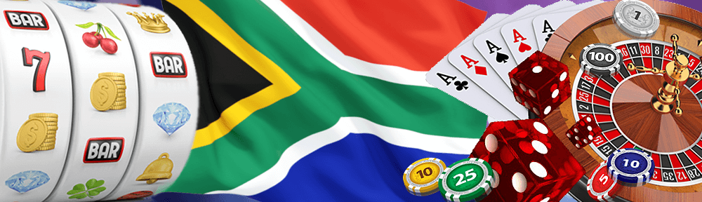 South African flag with slots and roulette wheel and casino chips, casino dice and playing cards